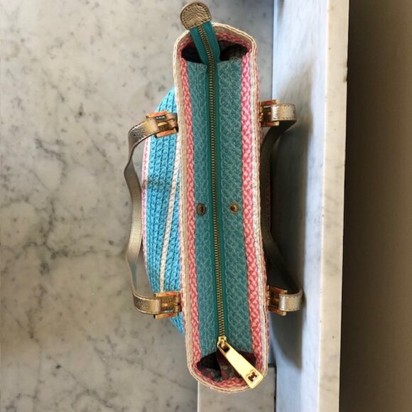 ERIC JAVITS Straw Shoulder Purse Turquoise Pink Zip Top - Picture 5 of 16